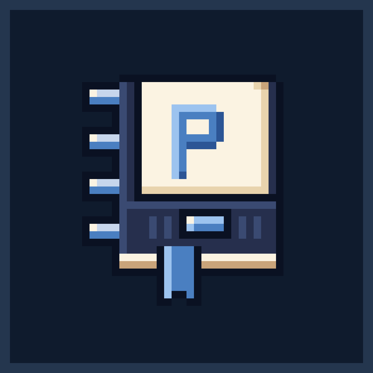 Pixelog’s blue pixel-art game journal with a P on its cover